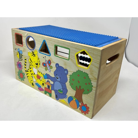 Toy Chest Wooden Alphabet Lego Top + 57 Misc. Pieces 14x7x8  .01:S1418 - Picture 6 of 12